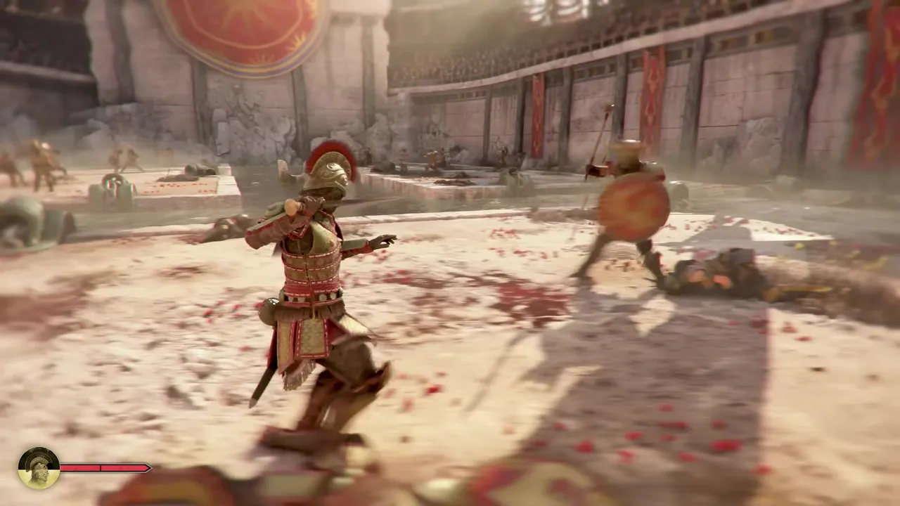 Sophia fighting armoured soldiers in a marble courtyard in Resonance