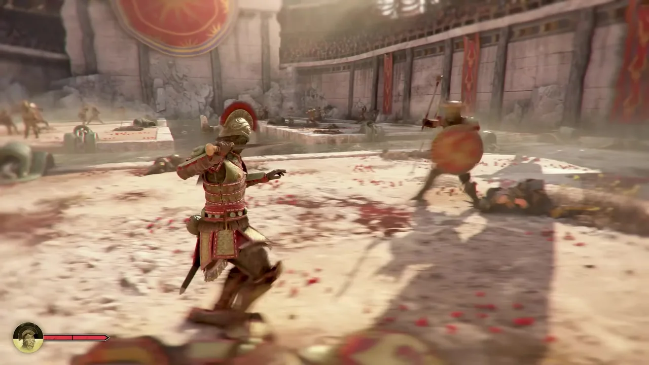 Sophia fighting Cretan soldiers in a marble arena in Resonance