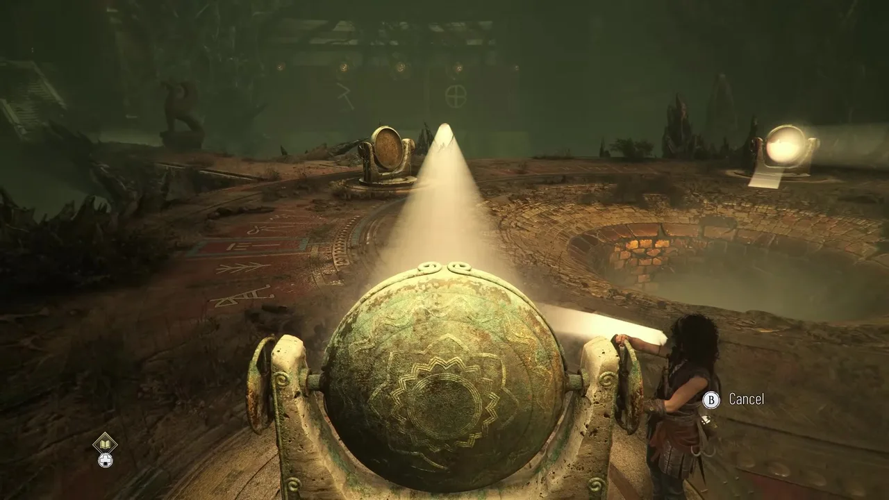 A glowing Minoan sphere in a golden puzzle chamber in Resonance