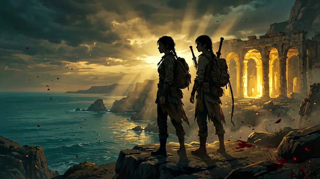 A young female explorer stands silhouetted against a setting sun over the Aegean Sea, looking at crumbling stone arches on a Cretan cliffside.