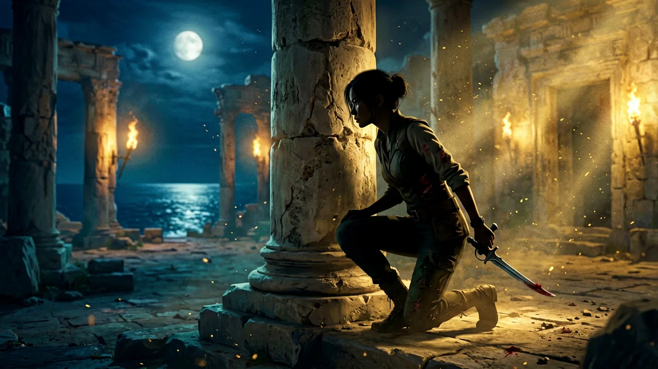 A cinematic silhouette of Sophia holding a Venetian dagger, crouching behind an ancient Minoan stone pillar under a starry Aegean night sky.