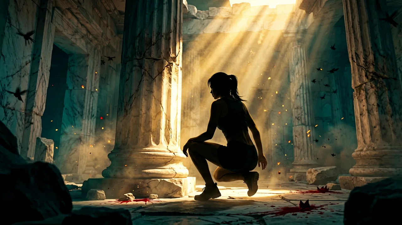 A high-contrast silhouette of a young athletic female smuggler standing near a massive stone pillar in a dark ancient Cretan chamber.