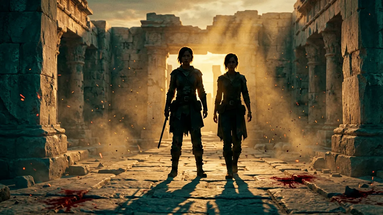 A cinematic silhouette of two female adventurers standing before ancient stone ruins of Crete at sunset.
