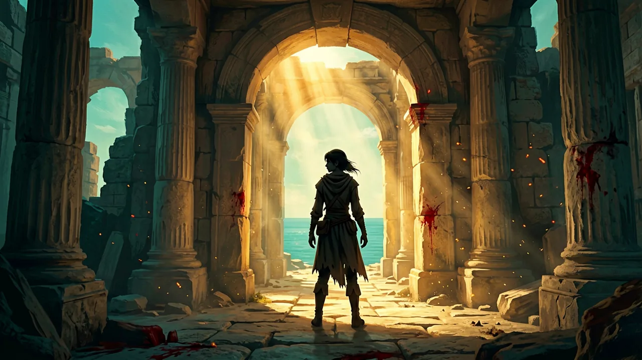 A hooded young explorer standing before sun-drenched ruins in Crete, looking out towards the Aegean Sea.