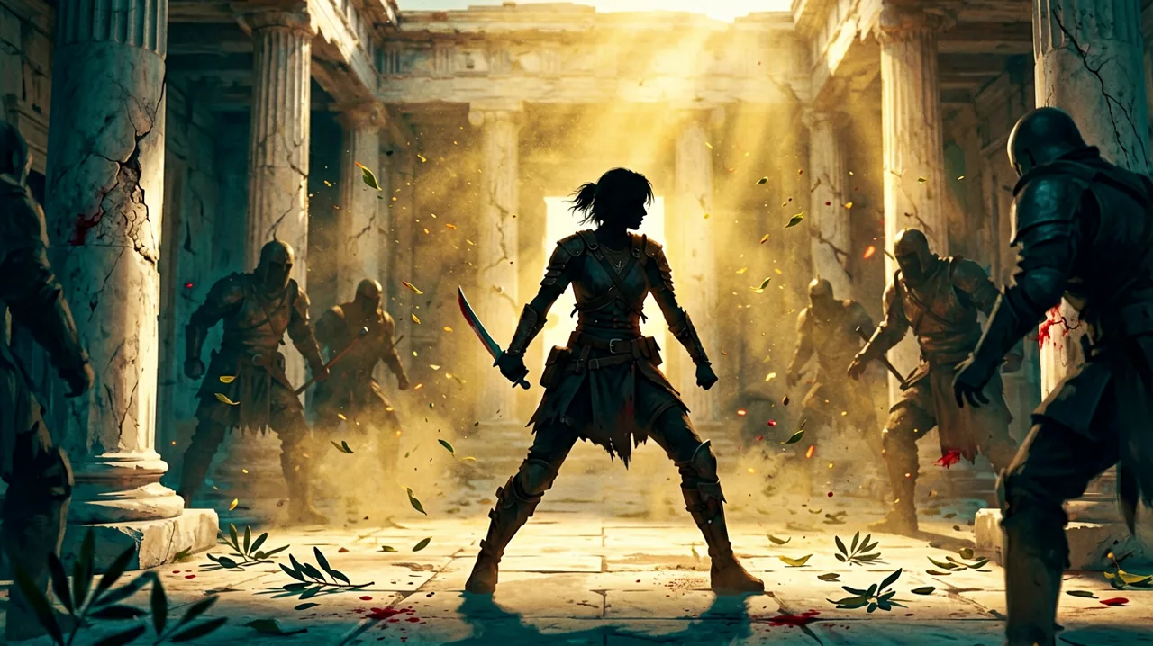 A tense combat stance silhouette of a smuggler in an ancient Greek temple courtyard, backlit by golden Mediterranean sun rays.