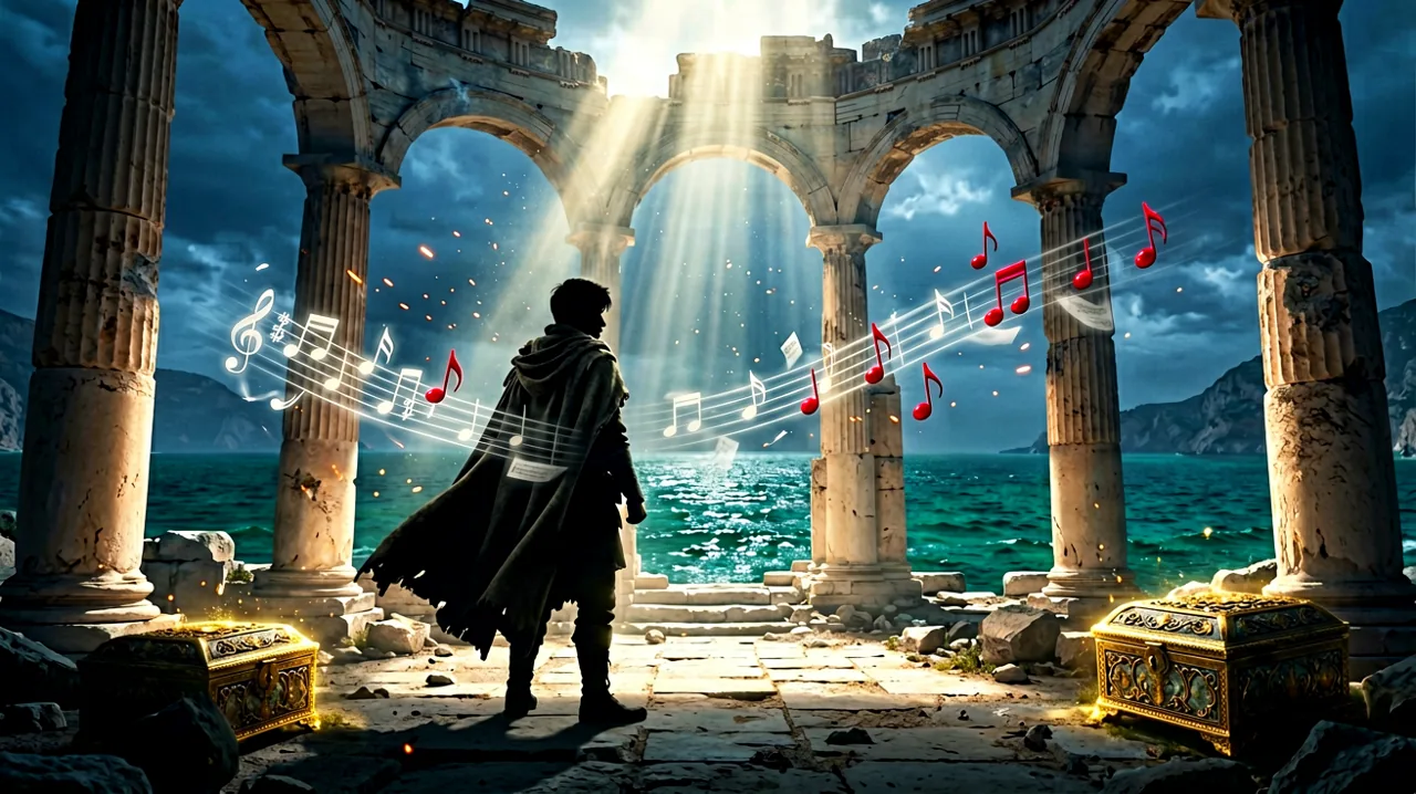 Original concept art showing a cloaked silhouette overlooking Minoan ruins bathed in golden light, evoking the atmosphere of the collector's box and ancient melodies.