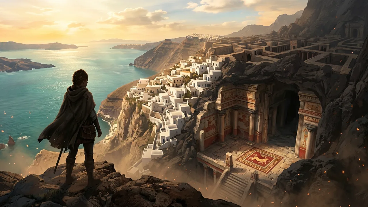 A panoramic view of an Aegean coastal town cascading down a cliffside, slowly blending into the monumental entrance of an endless ancient Minoan labyrinth.
