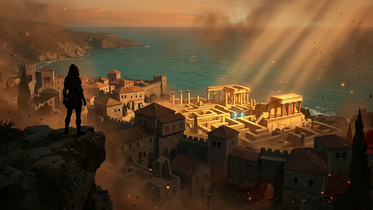 A panoramic silhouette of a young female smuggler overlooking a coastal medieval town that transitions into golden ancient Minoan ruins by the Aegean sea at dusk.