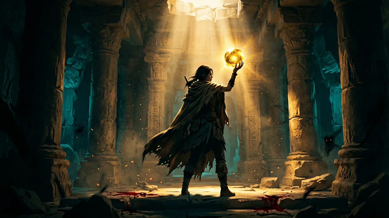A lone cloaked smuggler holding a brightly glowing golden sphere in an ancient dark ruin.