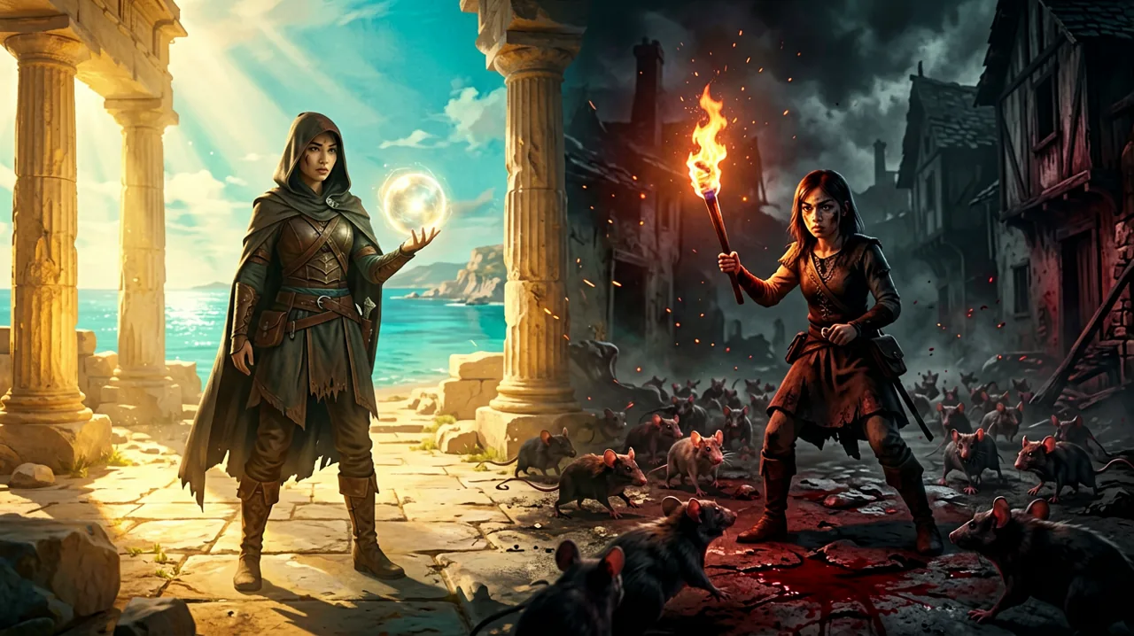 A split-screen concept illustrating the franchise evolution: a rugged Mediterranean female smuggler holding a glowing orb in a sunlit Minoan labyrinth on the left, contrasted with a young French girl holding a torch against a massive rat swarm in a ruined medieval village on the right.