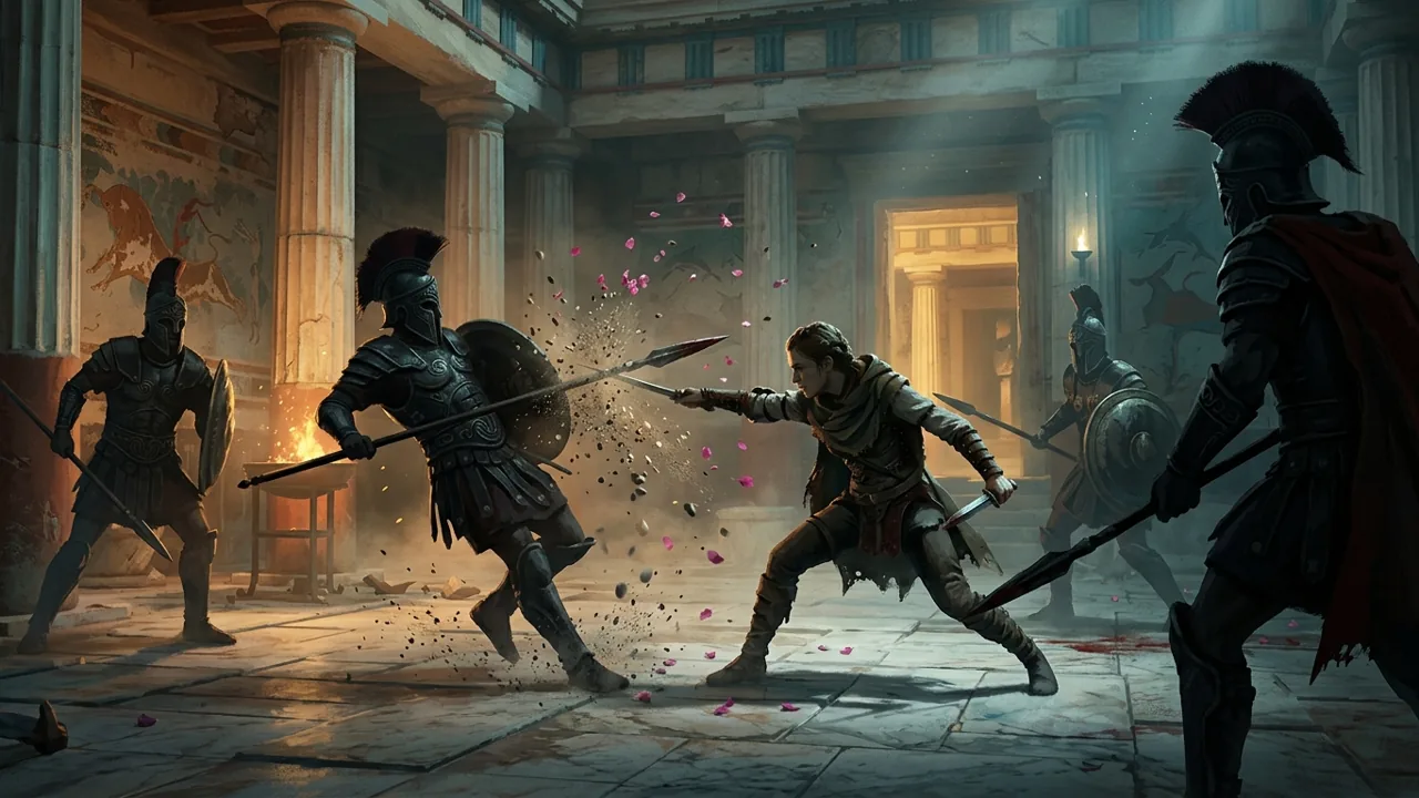 Dynamic silhouette of a female smuggler parrying multiple armored guards in a marble Minoan courtyard, with scattered dust and petals.