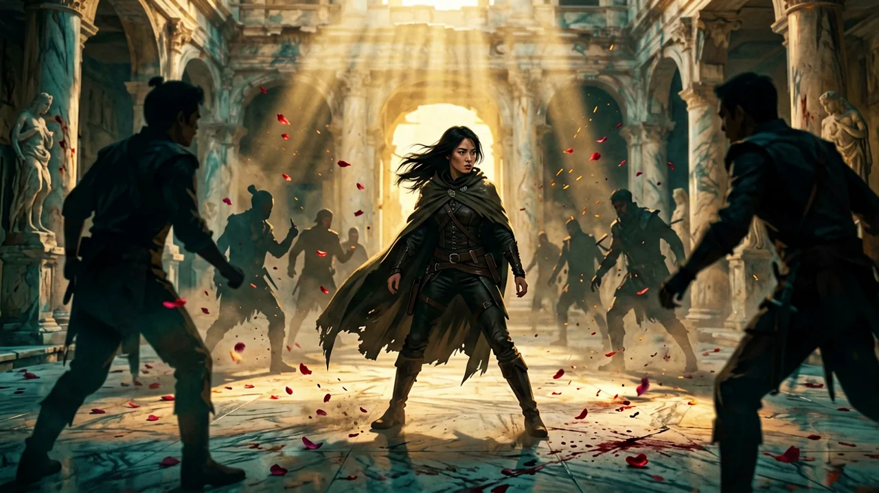 Dynamic silhouette of a young female smuggler in a cloaked outfit facing multiple armored enemies in an ancient marble courtyard, flying petals and dust.
