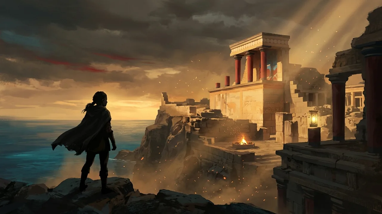 A cloaked young infiltrator silhouette standing before golden Minoan ruins, the Aegean sea, and a cold atmosphere like a countdown.