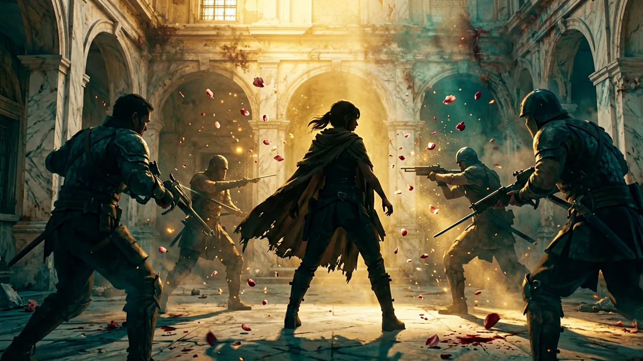 Dynamic silhouette of a young female smuggler in a marble courtyard facing multiple enemies, with flower petals and dust suspended in mid-air.