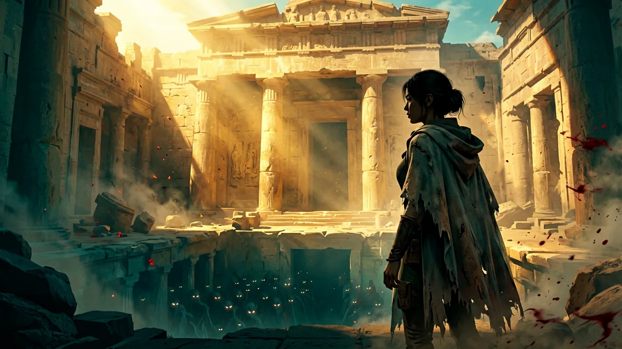 A half-silhouette of a determined young female adventurer standing before an ancient, sunlit Minoan ruin, with an ominous shadow lurking behind her.