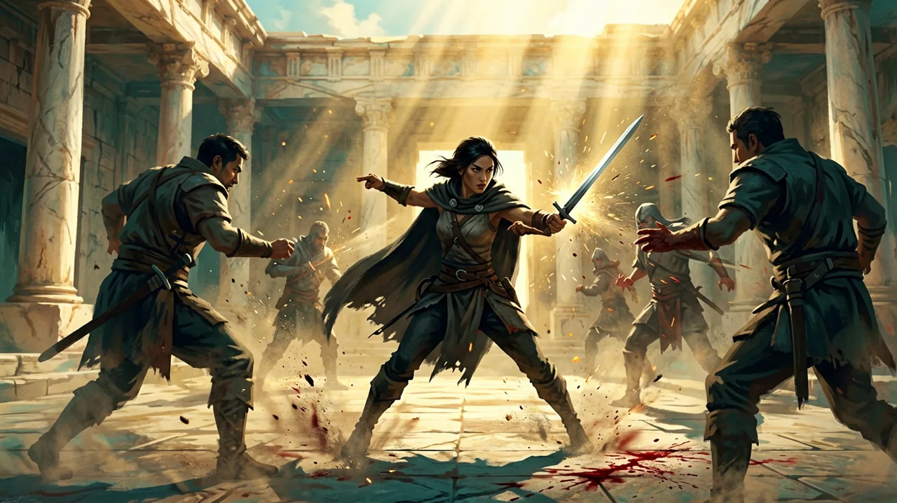 Dynamic silhouette of a female fighter in a cloak engaging multiple enemies with a sword in a sunlit Minoan marble courtyard, dust and sparks flying.