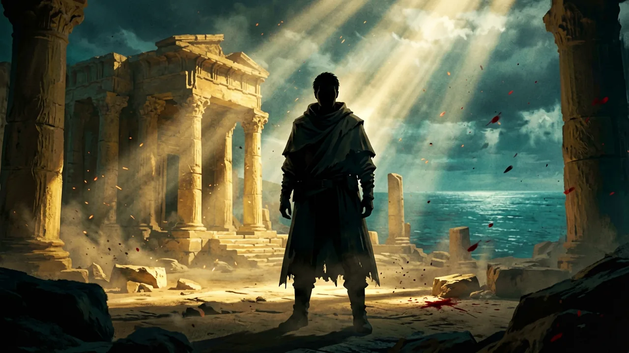 Original concept art featuring a silhouetted cloaked infiltrator standing before golden Minoan ruins against the Aegean sea.