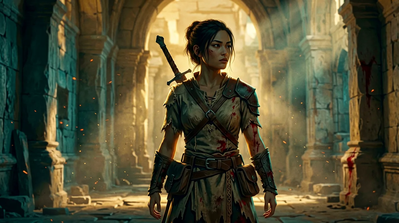Original A Plague Tale style game concept art featuring a half-body silhouette of a young female adventurer against ancient ruins.