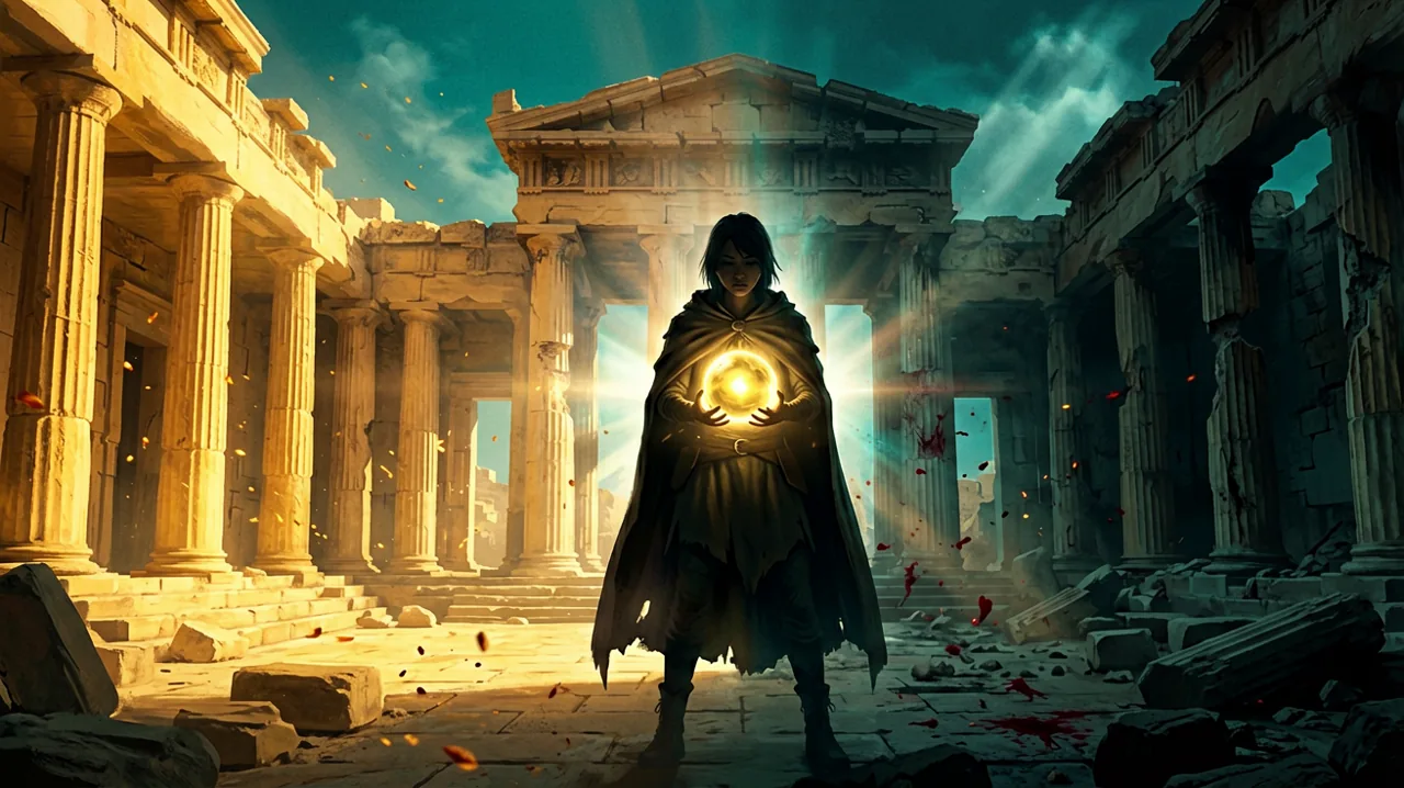 Original concept art showing a cloaked female adventurer standing at the threshold of a dual-era Minoan ruin, bridging ancient gold and medieval decay.