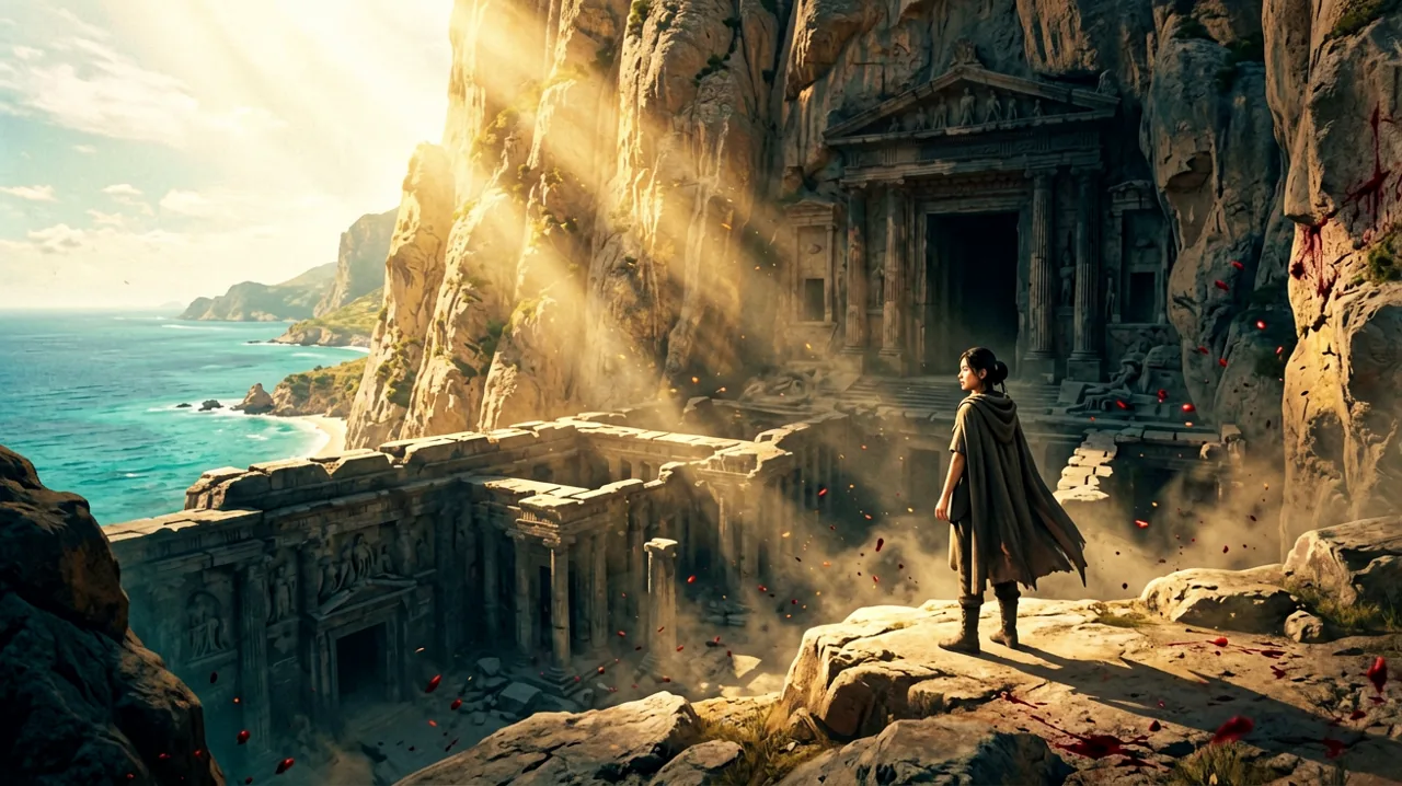 A wide-angle silhouette of a solitary adventurer standing before a massive, shadowy entrance to an ancient labyrinth on a Mediterranean coast