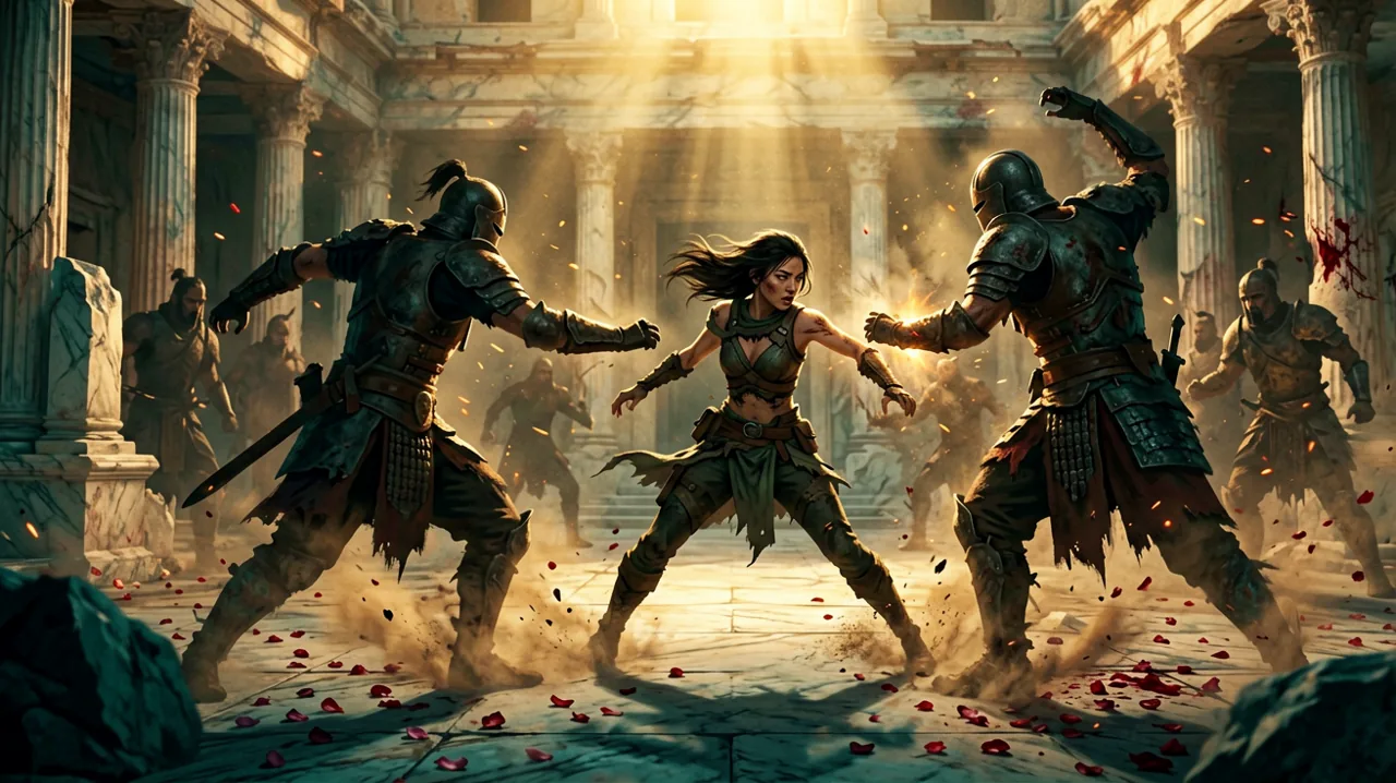 Concept art depicting a hooded female smuggler facing off against multiple heavily armored guards in a ruined Minoan marble courtyard, with dust and petals swirling in the air.