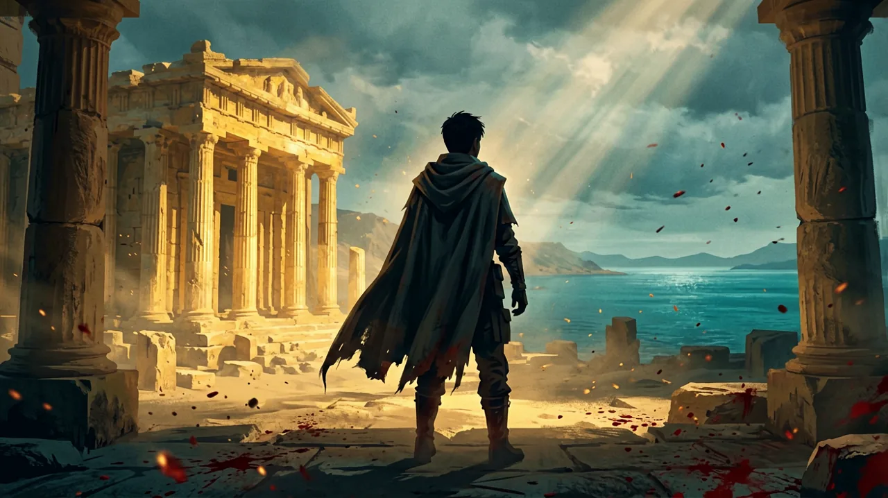 A cloaked young infiltrator's silhouette standing before golden Minoan ruins with the Aegean Sea in the background, exuding a cold, countdown-like atmosphere.