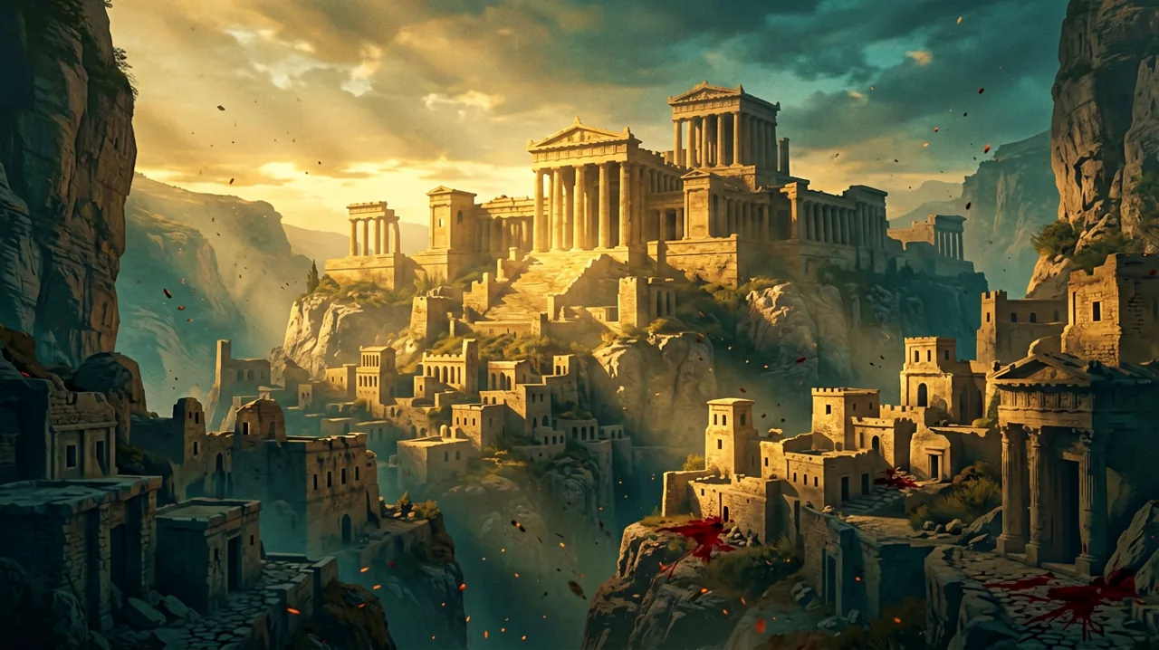 A vast, stylized interpretation of Minoan ruins blending with medieval Mediterranean architecture, bathed in ominous light.