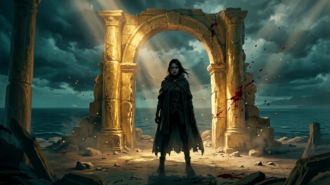 A silhouetted young infiltrator in a cloak stands before a ruined golden Minoan archway, with the Aegean Sea in the background under a cold, countdown-like atmosphere.