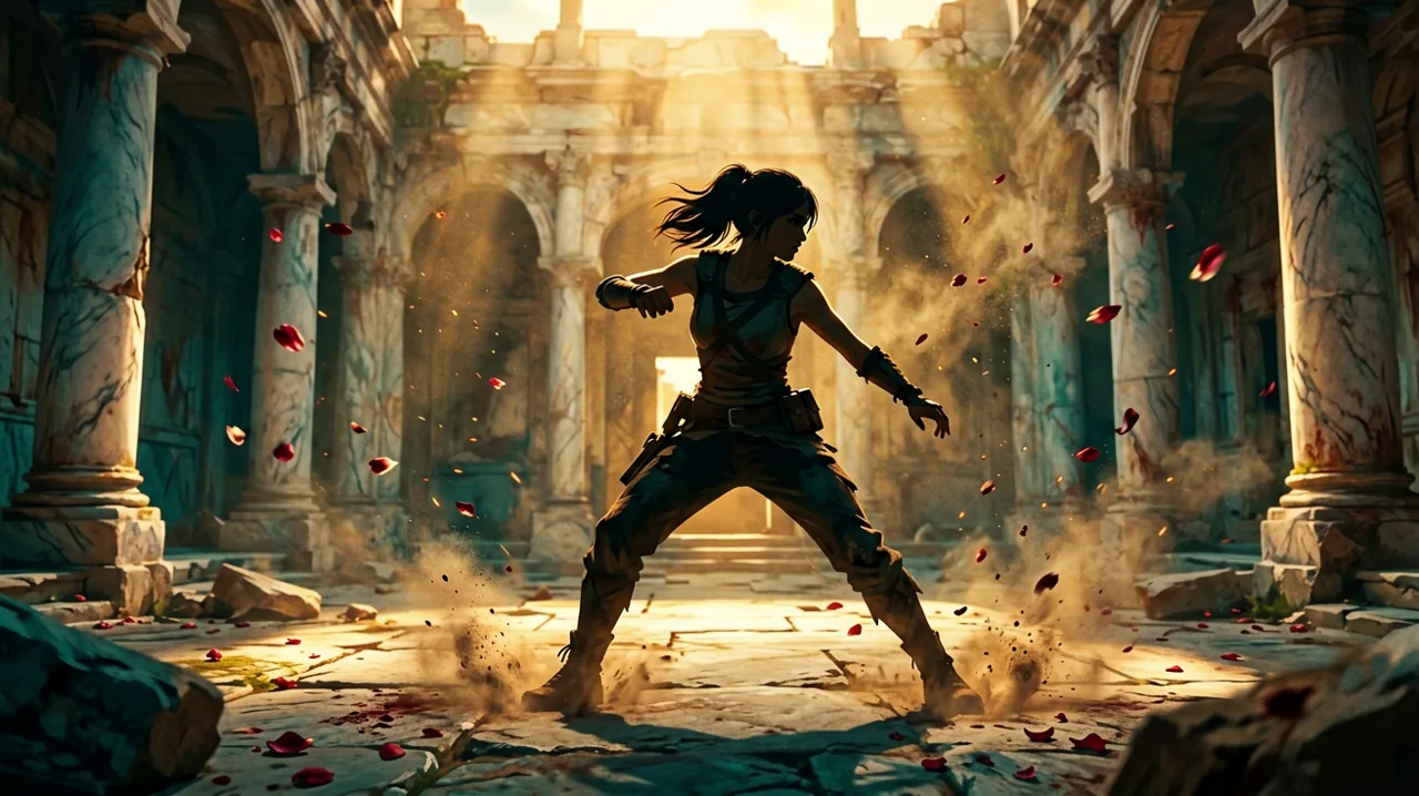 Original conceptual art showing a dynamic silhouette of an adventurer facing multiple foes in a marble courtyard.