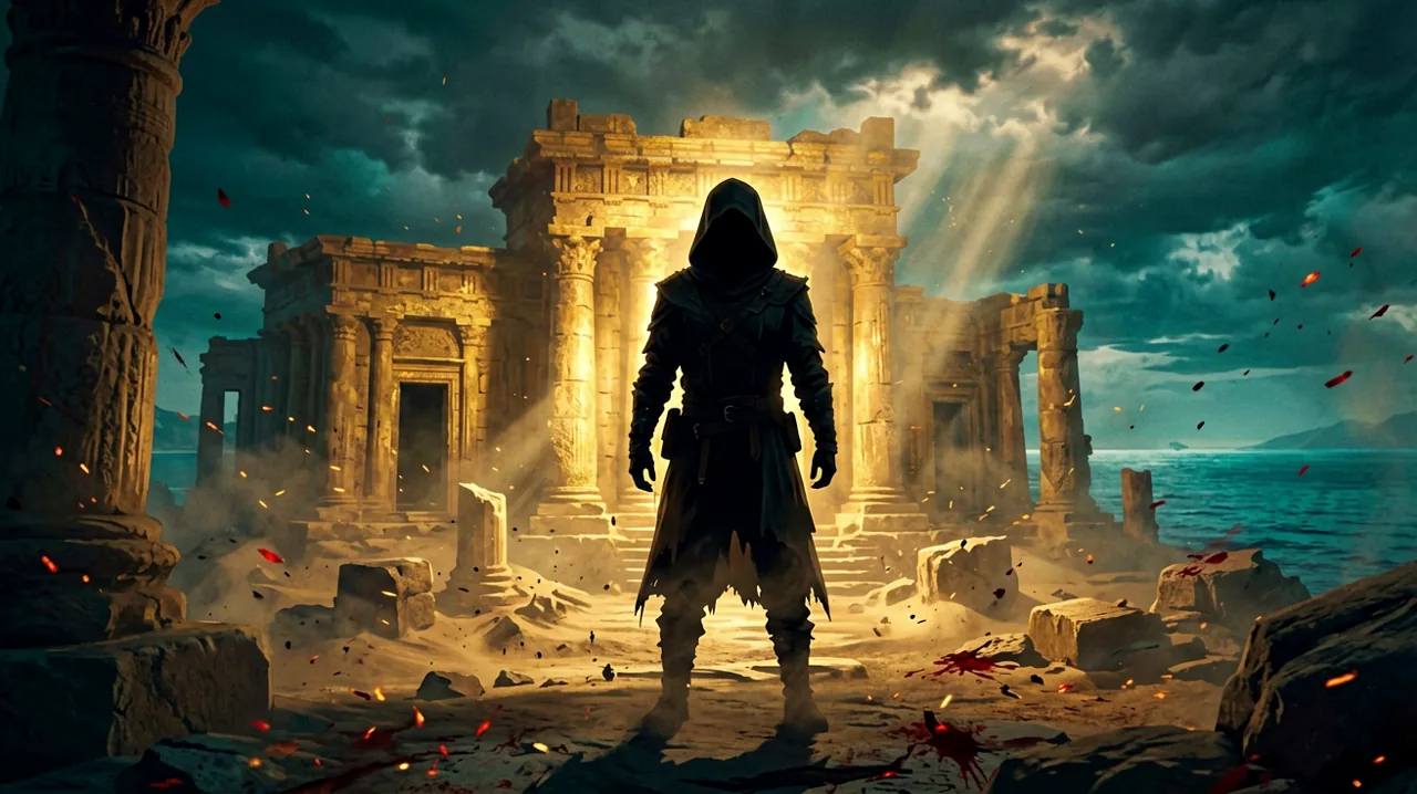 A conceptual art piece showing a cloaked adventurer looking at Minoan ruins by the Aegean sea.