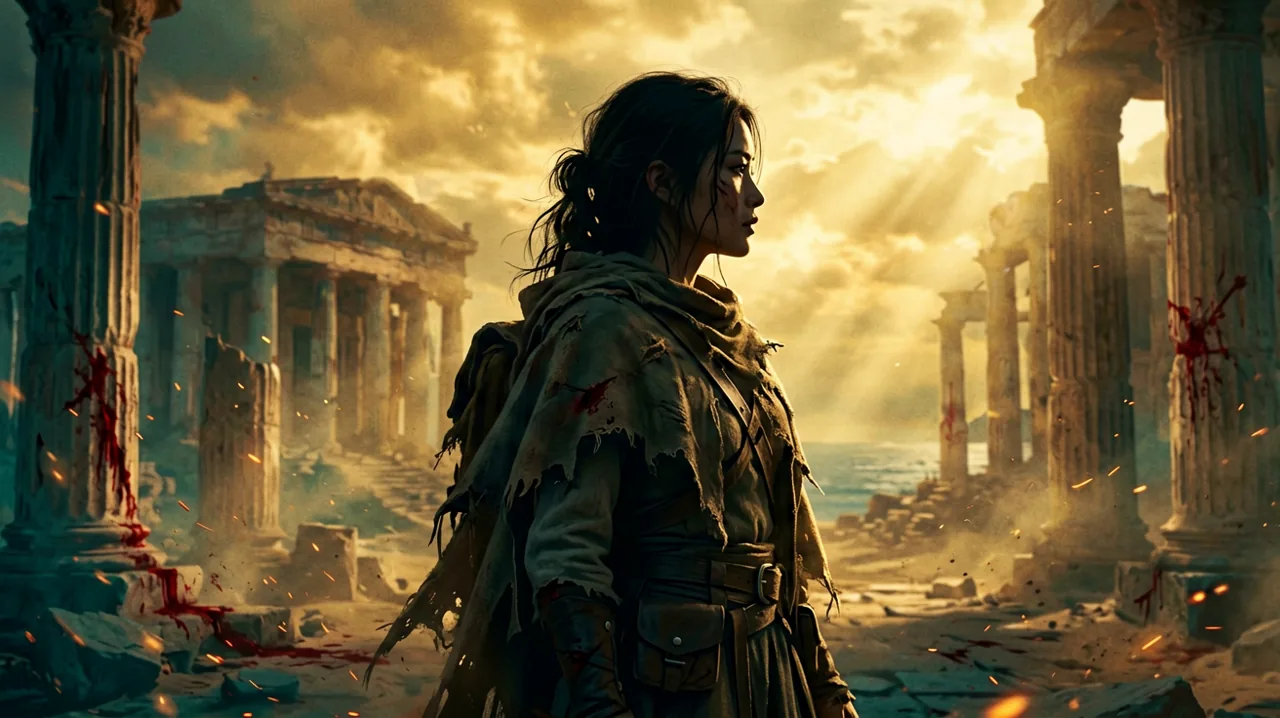 A resolute young female adventurer depicted in a dramatic half-body silhouette.