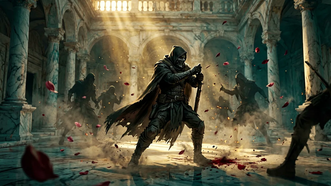 A dynamically lit concept art silhouette of a cloaked infiltrator facing off against multiple enemies in a marble courtyard, showcasing intense melee combat.