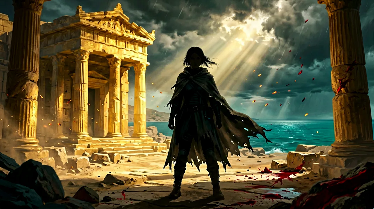 Original conceptual art showing a silhouetted young infiltrator in a cloak standing before golden Minoan ruins under the Aegean sky, emphasizing the countdown to launch.