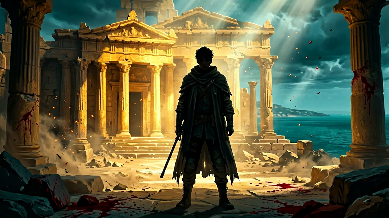 A cloaked young infiltrator's silhouette standing before golden Minoan ruins, with the Aegean Sea in the background and a cold, countdown-like atmosphere representing the launch day.