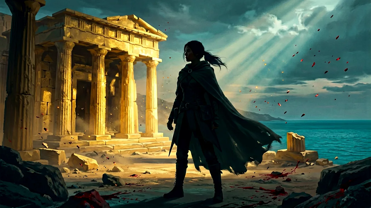 A silhouette of a young cloaked infiltrator standing before golden Minoan ruins with an Aegean Sea backdrop and a cold, countdown-like atmosphere