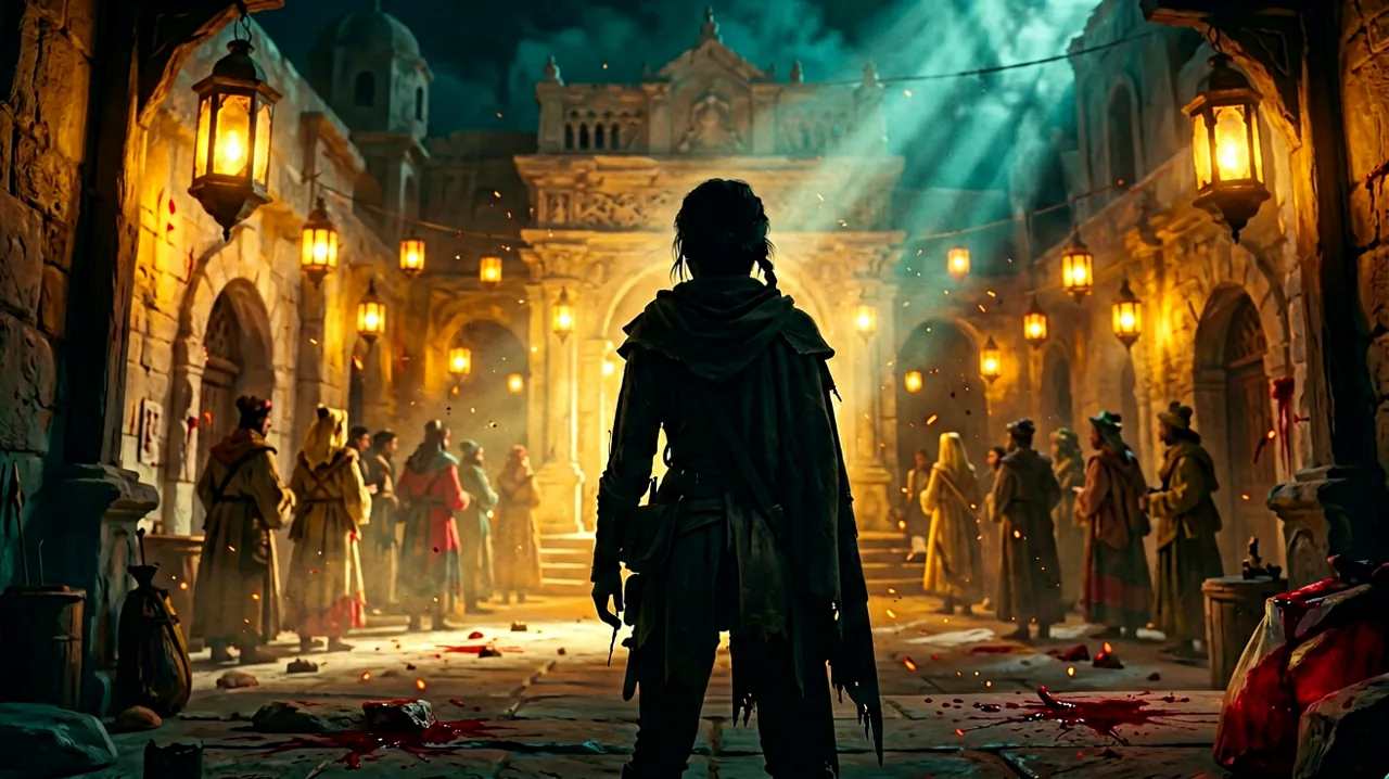A hooded young female adventurer watching a glowing puppet theater from the shadows during a vibrant 14th-century Mediterranean night carnival.