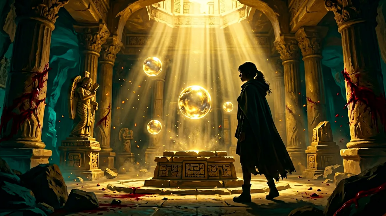 A golden secret chamber with ancient Minoan mechanisms and glowing spheres.