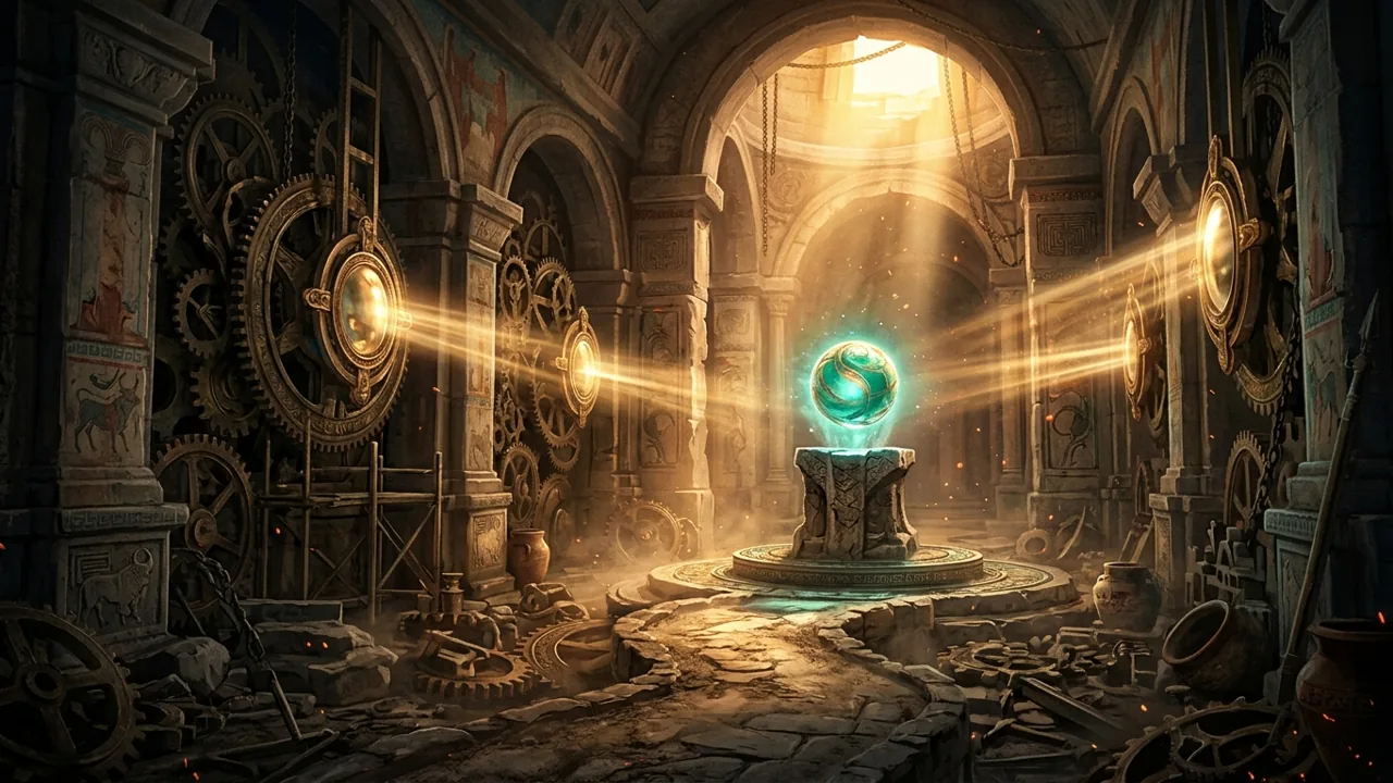 A glowing golden secret chamber filled with ancient Minoan clockwork mechanisms, where a bright sphere levitates above a stone pedestal.