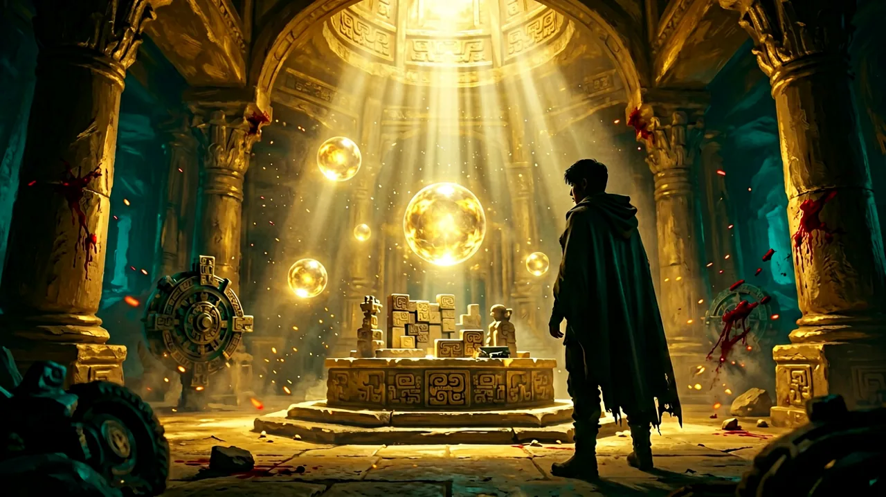 Original A Plague Tale style concept art showing a cloaked adventurer in a golden Minoan chamber filled with floating light orbs and ancient mechanisms.