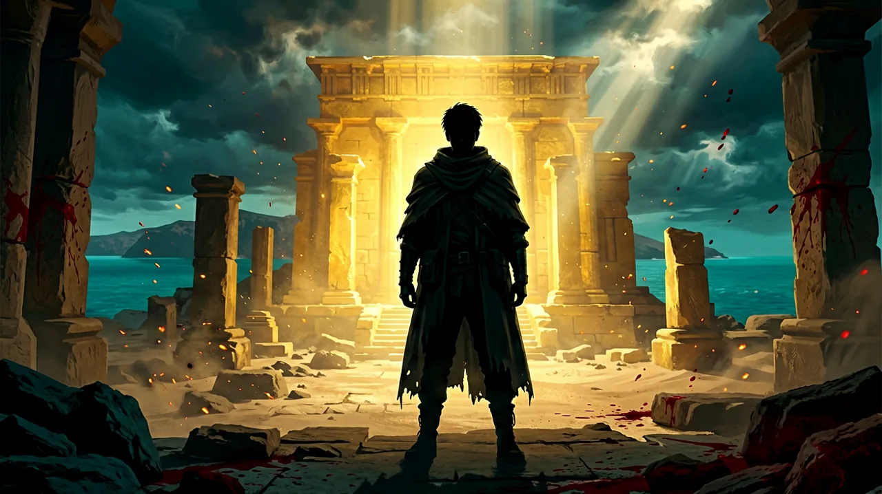 A cloaked young infiltrator's silhouette standing before golden Minoan ruins, the Aegean Sea in the background, with a cold, countdown-like atmosphere.