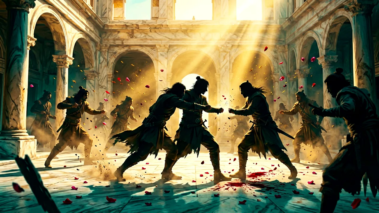 Original A Plague Tale style concept art showing a dynamic melee combat standoff.