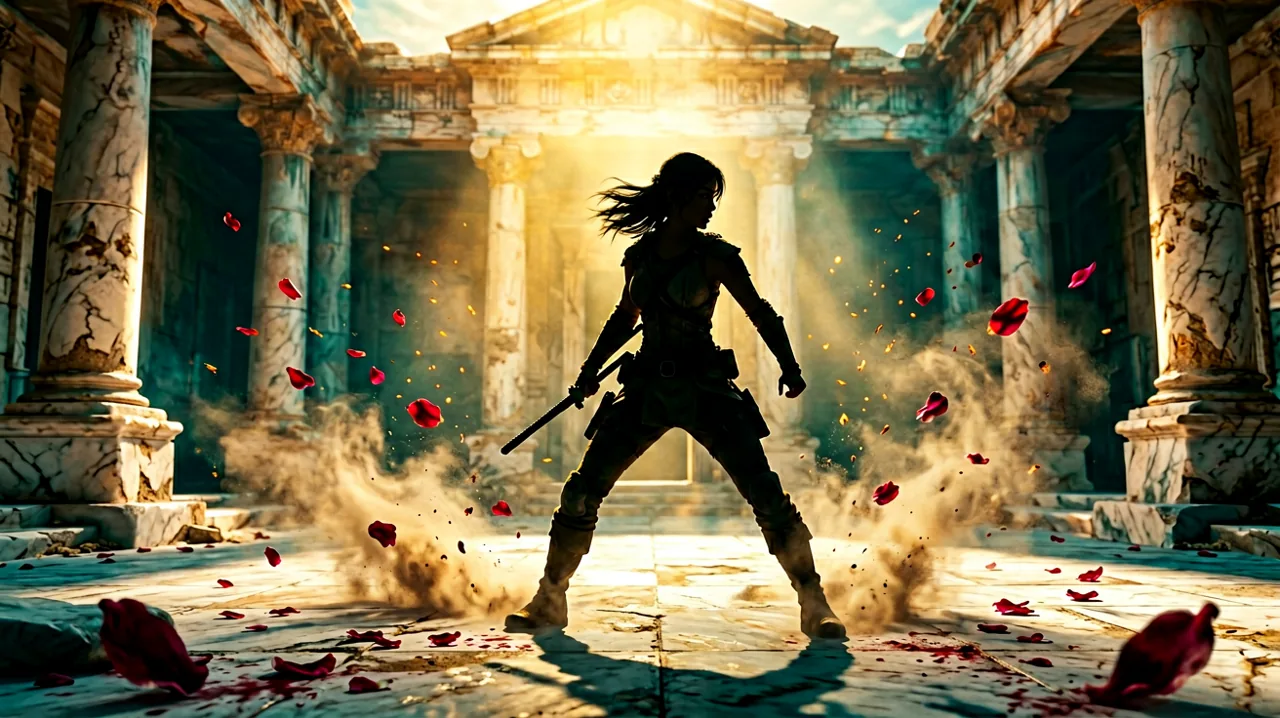 A dynamic silhouette of a young female adventurer facing off in a ruined marble courtyard with flying dust.