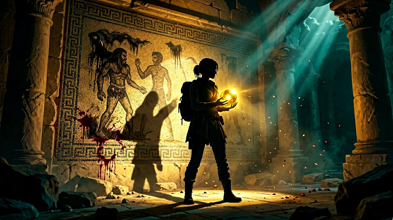 A cinematic silhouette of a young female adventurer exploring ancient Minoan ruins, standing before a glowing golden artifact that casts long shadows across the labyrinth walls.