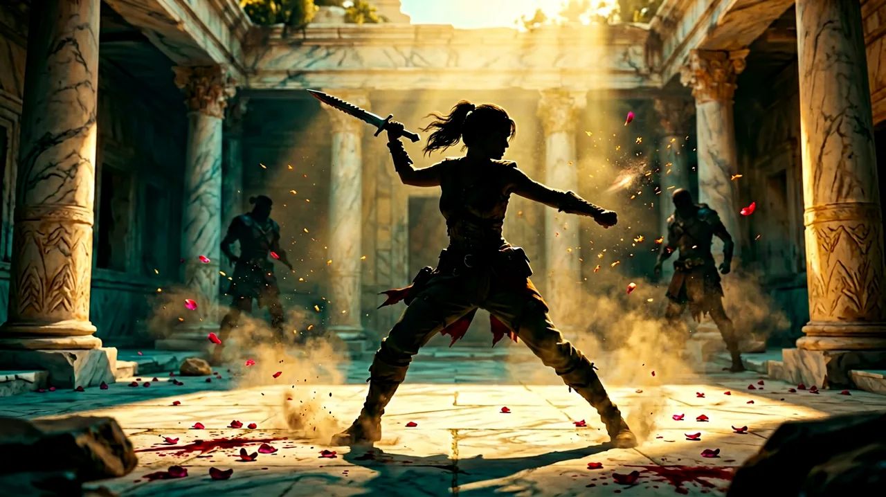 Dynamic silhouette of a female smuggler engaged in a one-versus-many melee standoff in a sunlit marble Minoan courtyard, scattered petals and dust suspended in mid-air.