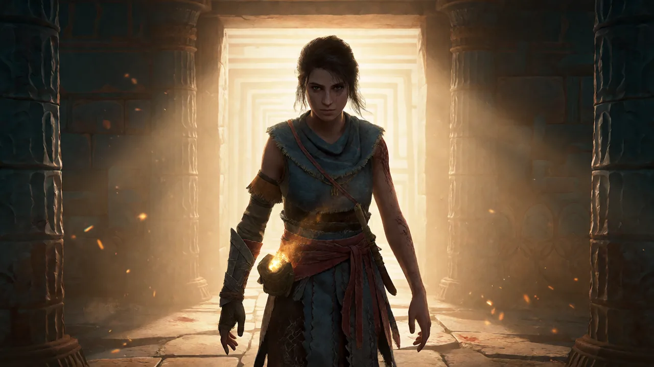 A resolute young female adventurer archetype half-body silhouette standing before the entrance of an endless ancient Minoan labyrinth under the Aegean sun.