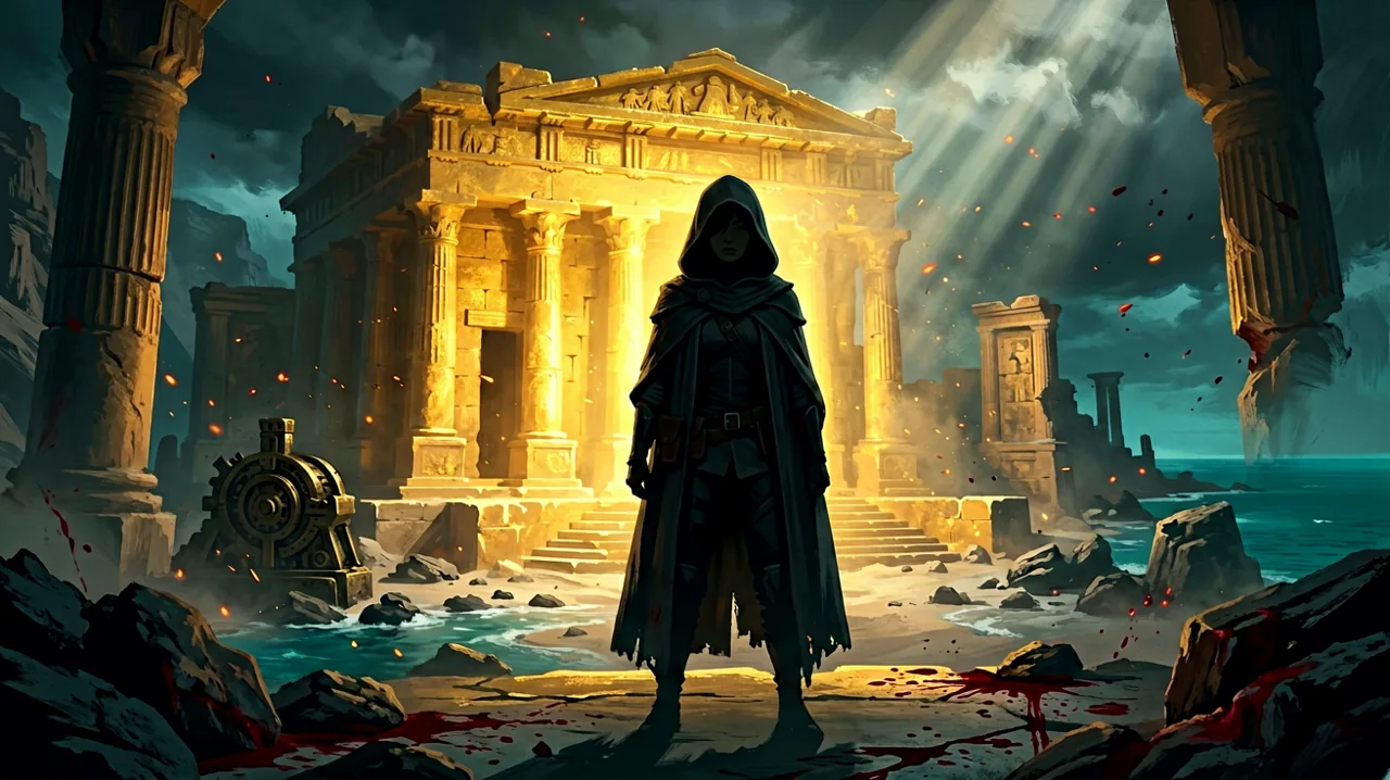 A cloaked young infiltrator silhouette standing before glowing golden Minoan ruins on Crete, surrounded by an atmosphere of ancient mystery.