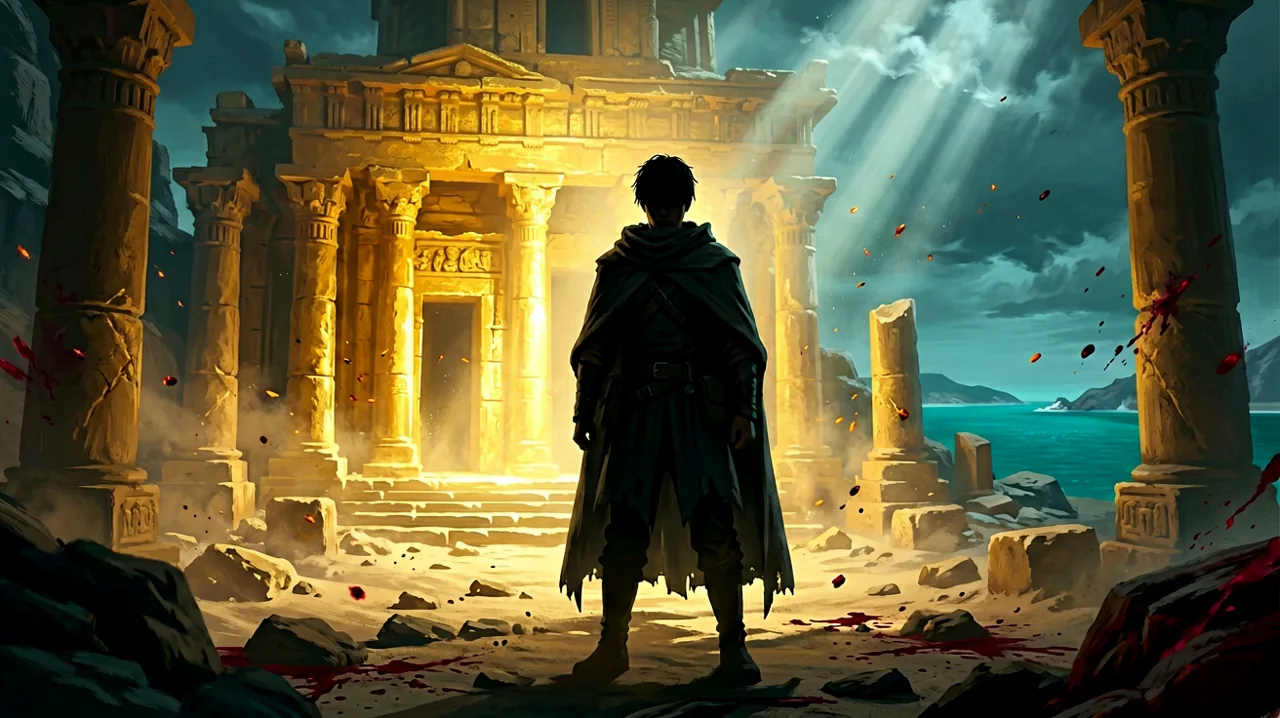 A silhouette of a cloaked young infiltrator standing before glowing golden Minoan ruins, with the Aegean Sea and a cold, countdown-like tense atmosphere.