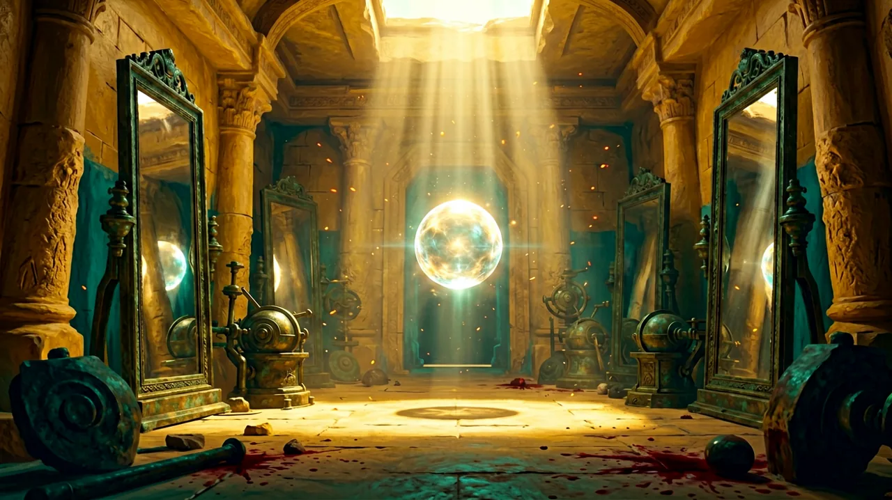 A sunlit Minoan underground chamber featuring ancient bronze mechanisms, large standing mirrors reflecting beams of light, and a floating glowing sphere in the center.