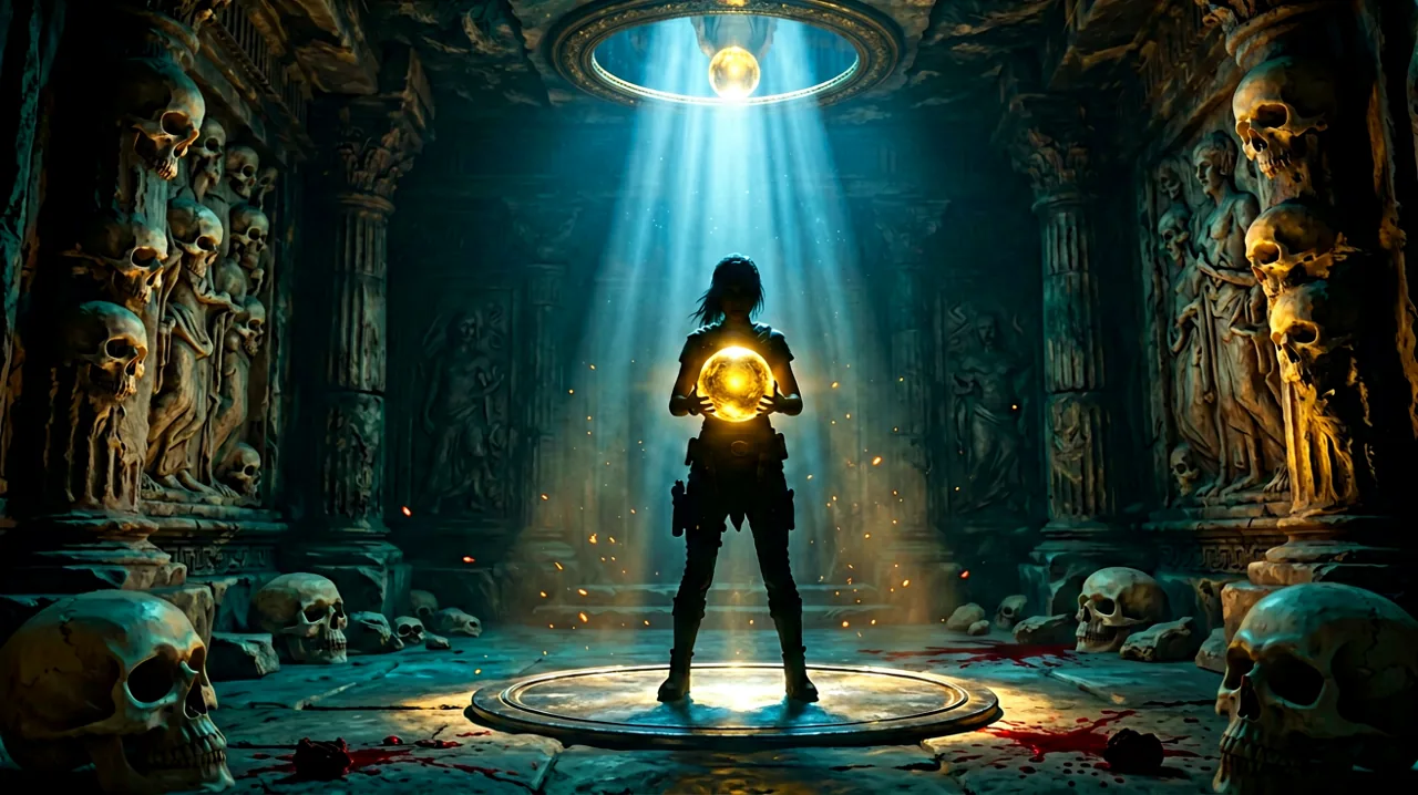 A silhouette of a cloaked young woman holding a glowing orb, standing on a metallic plate in a dark temple chamber surrounded by walls carved with ancient skulls.