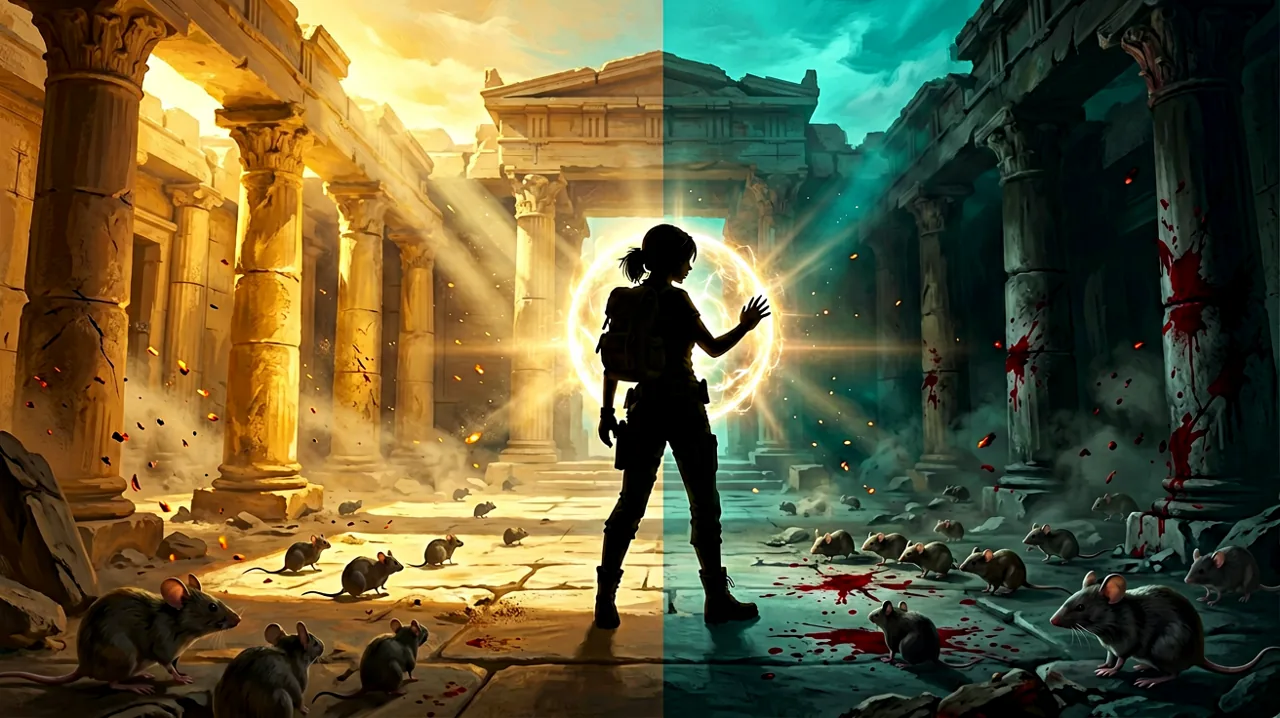 A side-by-side fading silhouette of a young female adventurer and an ancient Minoan protector standing in a labyrinth, symbolizing the dual timeline and breaking a generational curse.